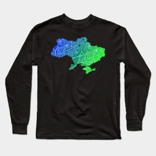 Colorful mandala art map of Ukraine with text in blue and green Long Sleeve T-Shirt